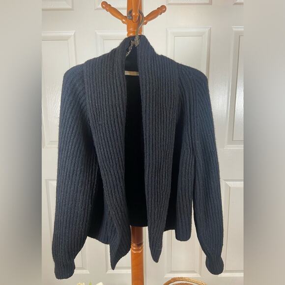 Vince. Black Ribbed Open-Front Wool Cardigan – Women's Size L - Picture 2 of 7